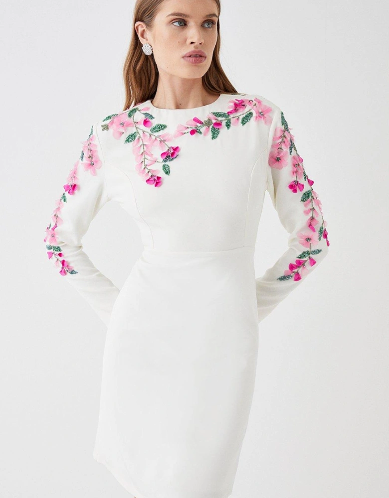 Hand Stitched 3d Floral Long Sleeve Mini Dress