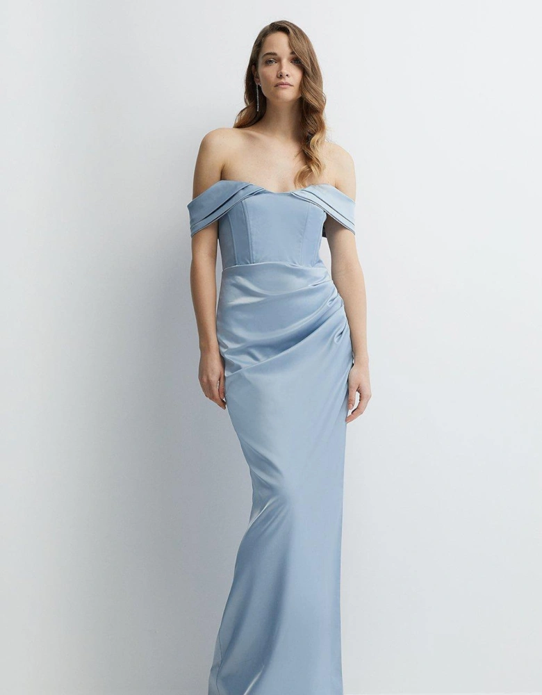 Structured Satin Bardot Wrap Bridesmaids Maxi Dress