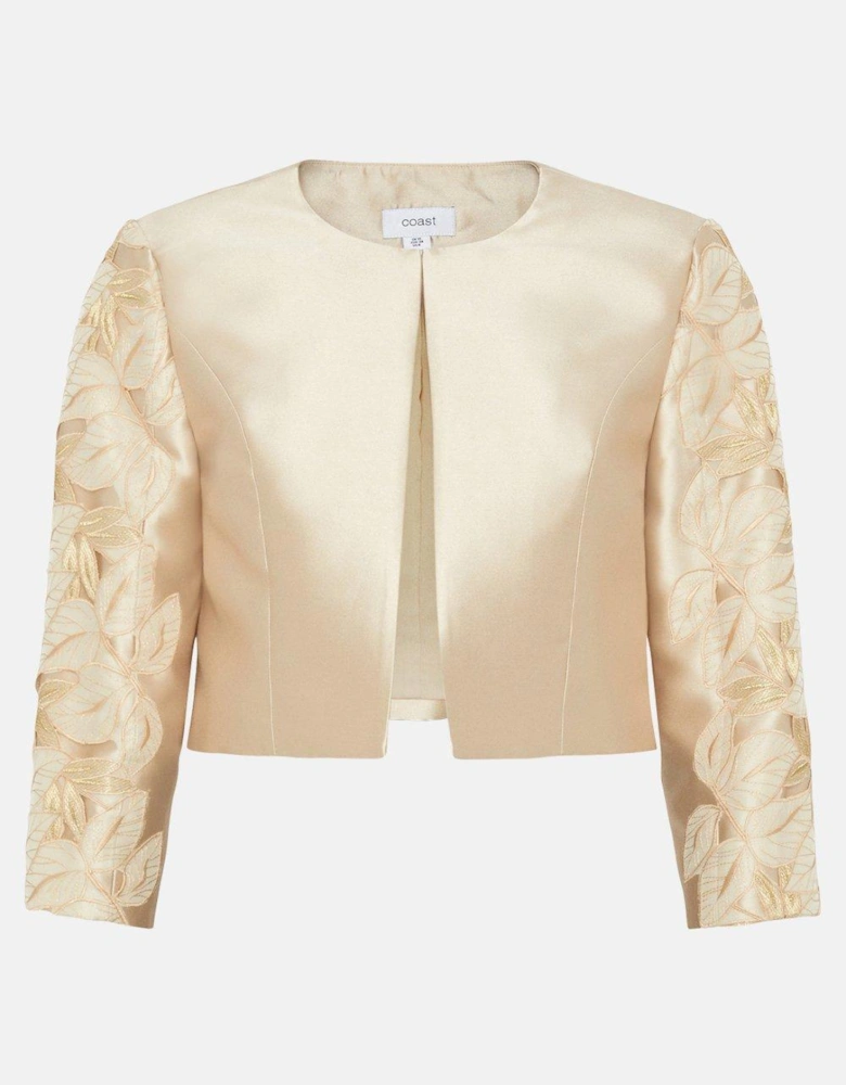 Cropped Twill Jacket With Cutwork Lace Trim