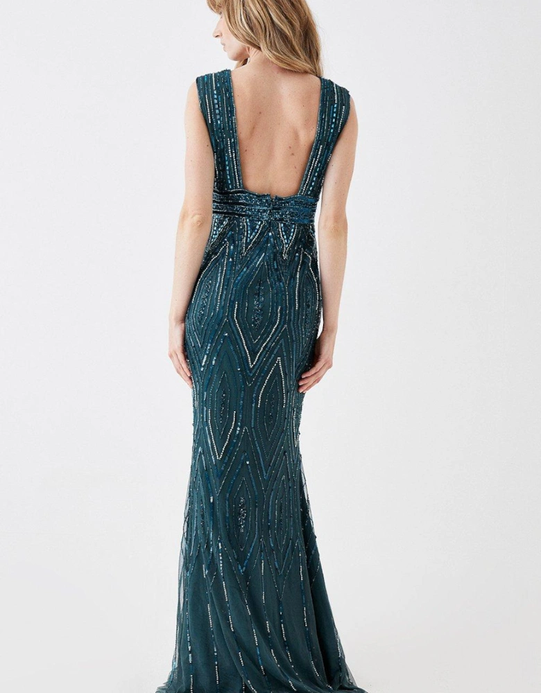 Art Deco Plunge Beaded Ball Gown