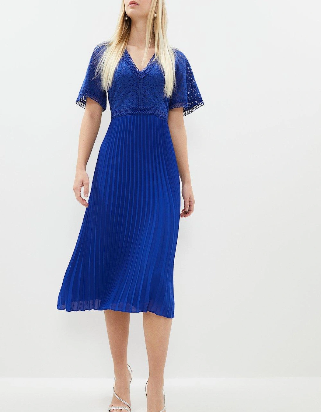 Lace Bodice Angel Sleeve Pleat Skirt Midi Dress, 5 of 4