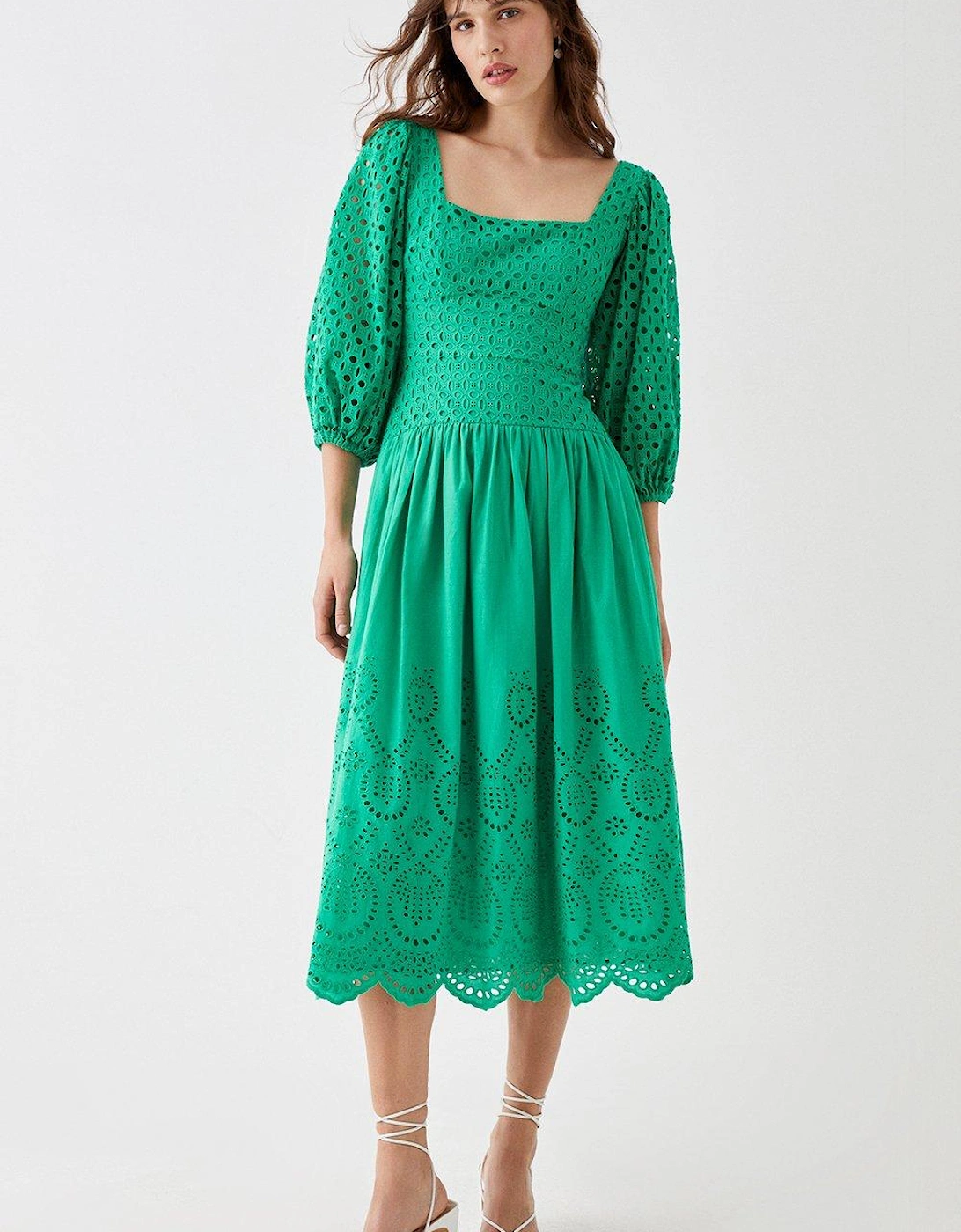 Square Neck Puff Sleeve Broderie Midi Dress, 6 of 5