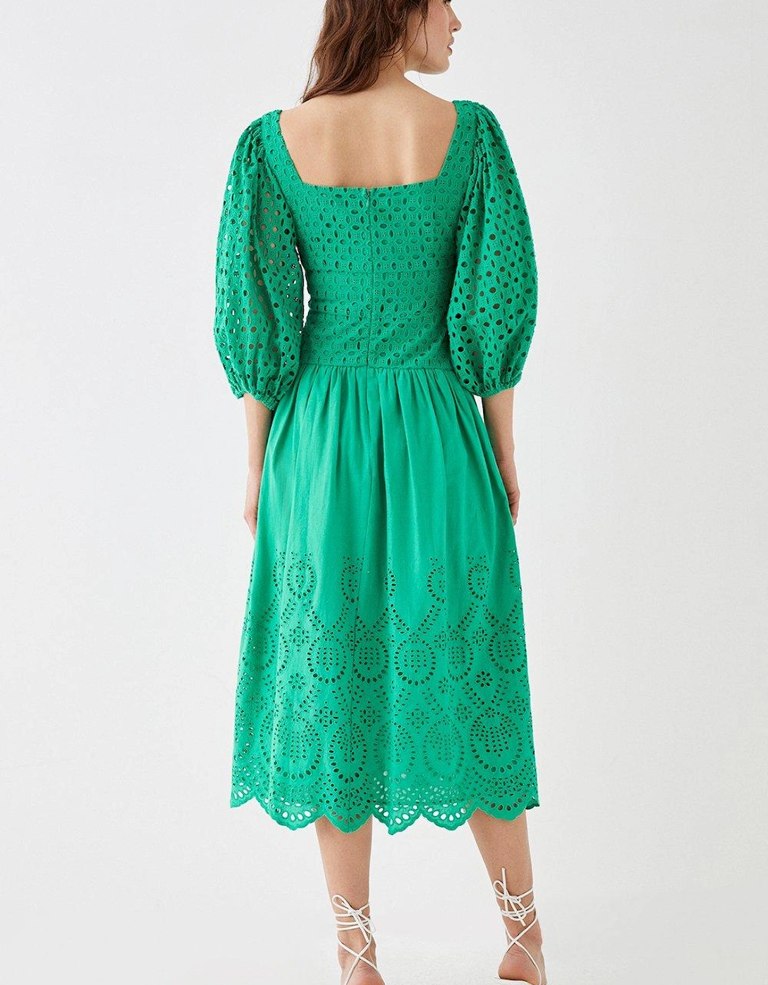 Square Neck Puff Sleeve Broderie Midi Dress