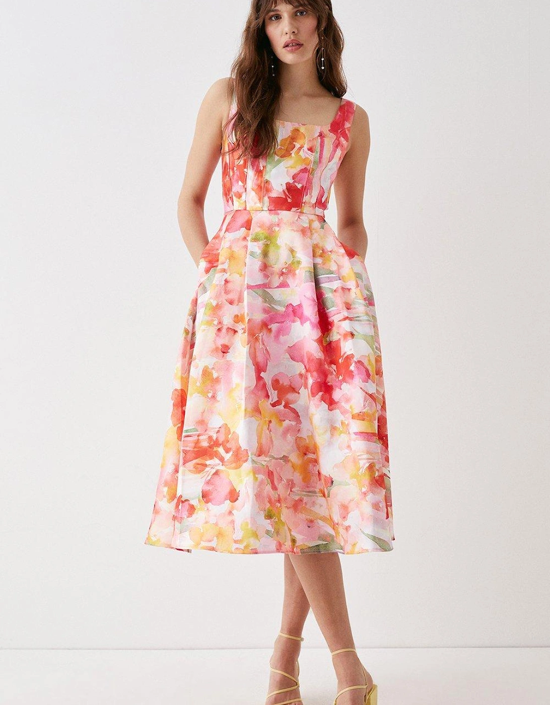 Cut Out Twill Midi Dress In Floral Ombre