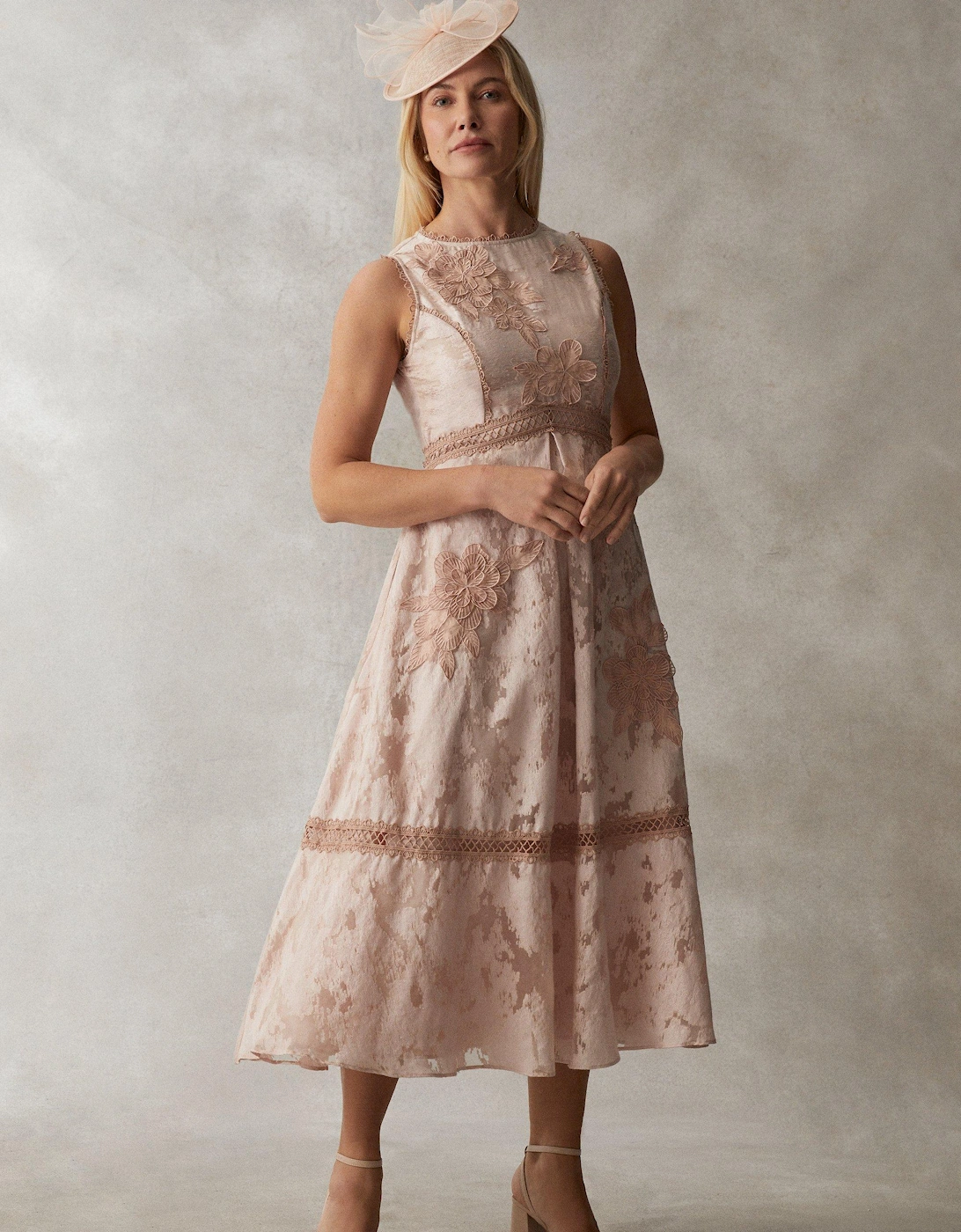 Premium Jacquard Midi Dress With Floral Applique, 5 of 4