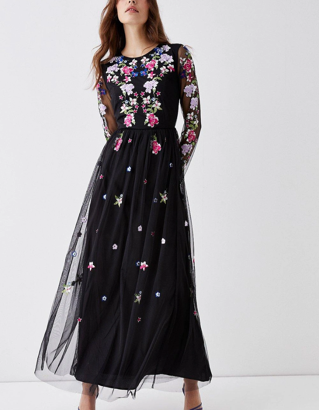 Long Sleeve Floral Embroidered Mesh Midi Dress, 7 of 6