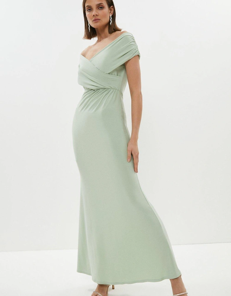 Ruched Bardot Fishtail Maxi Dress