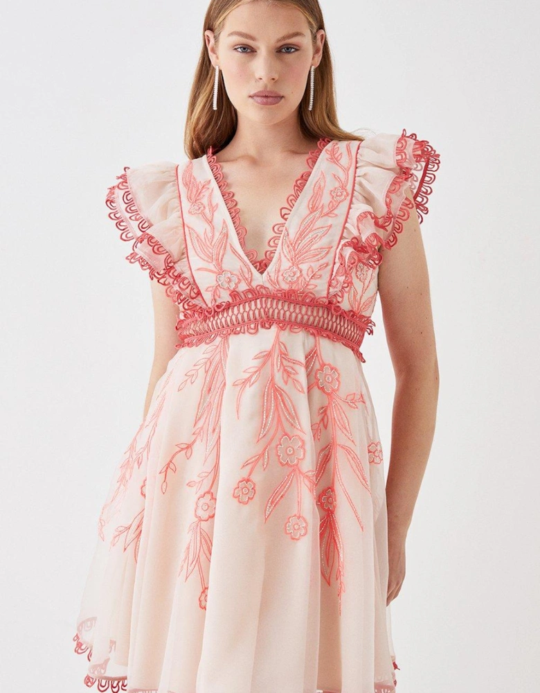 Premium Embroidered Organza Mini Dress With Ruffle Shoulder