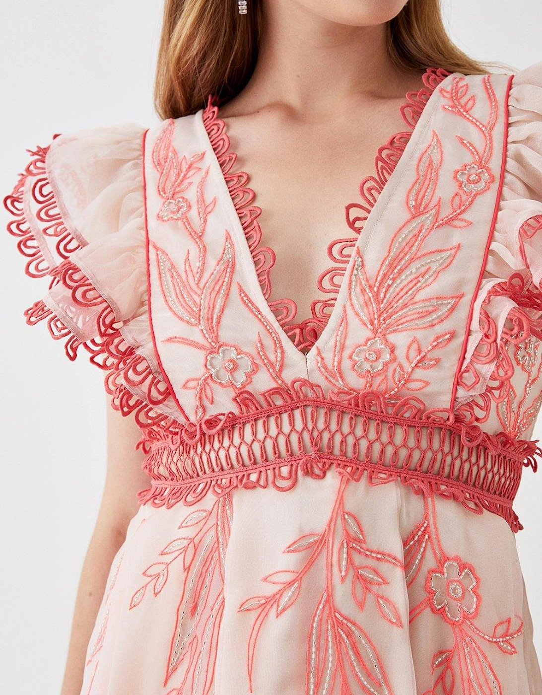 Premium Embroidered Organza Mini Dress With Ruffle Shoulder