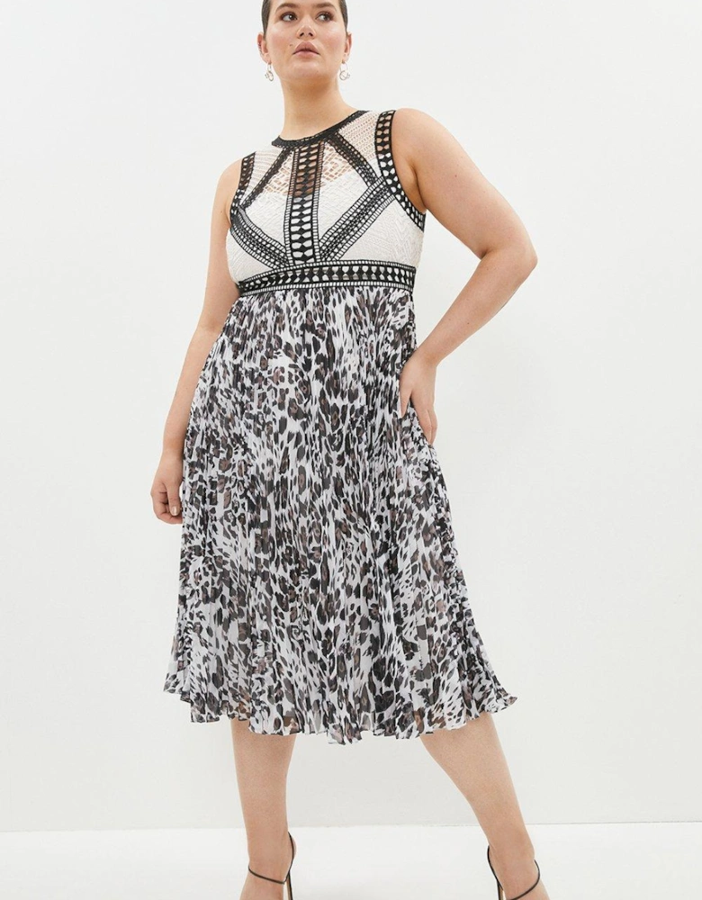 Plus Size Trimmed Bodice Printed Skirt Dress