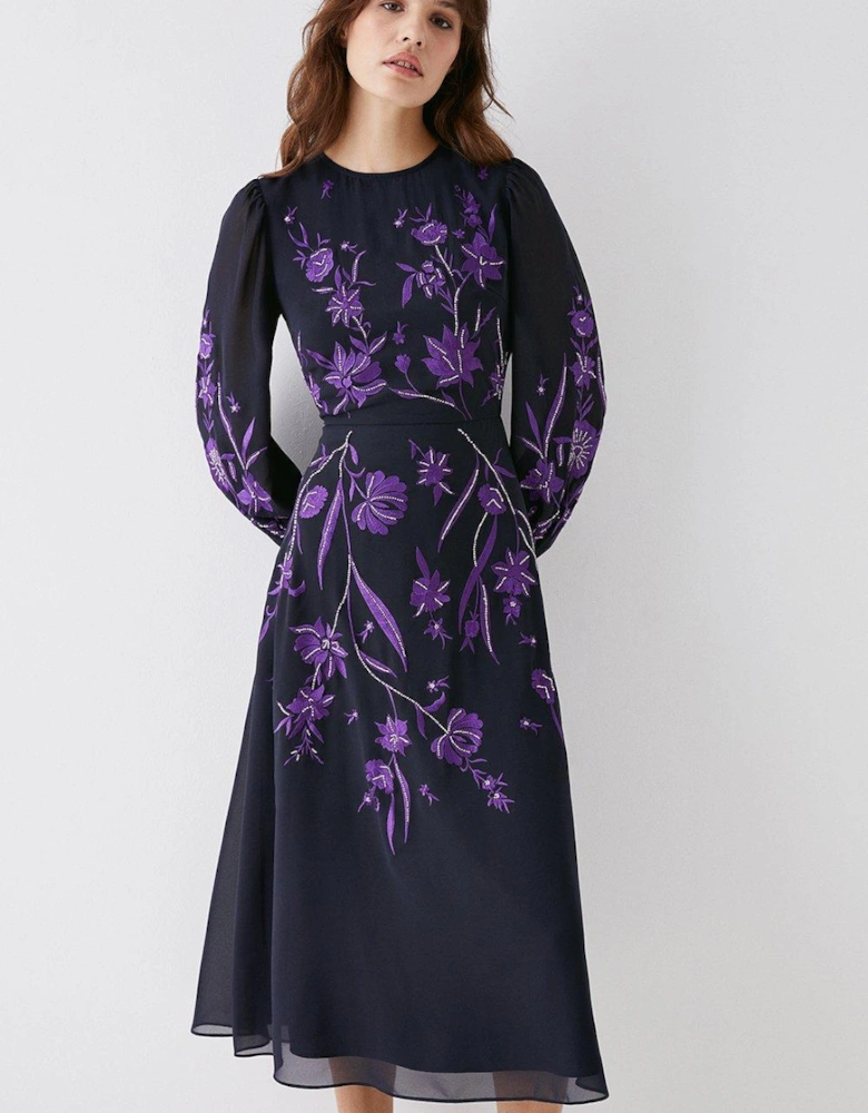 Trailing Dahlia Floral Embroidered Midi Dress