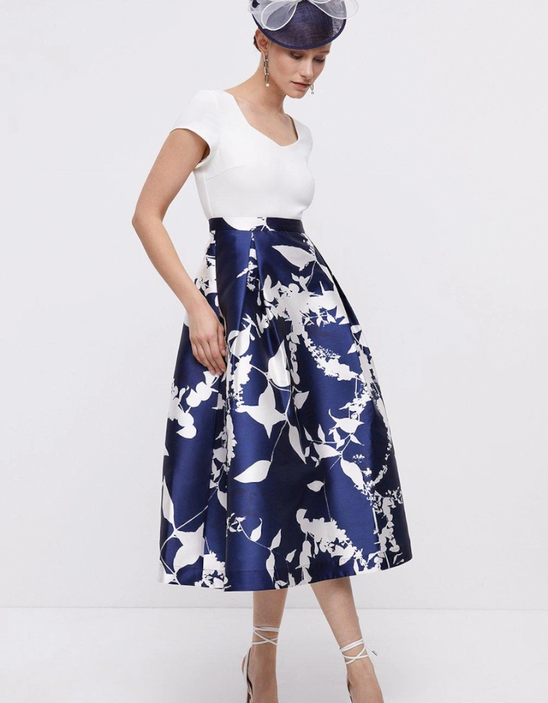 2 In 1 Midi Dress With Twill Skirt & Crepe Bodice