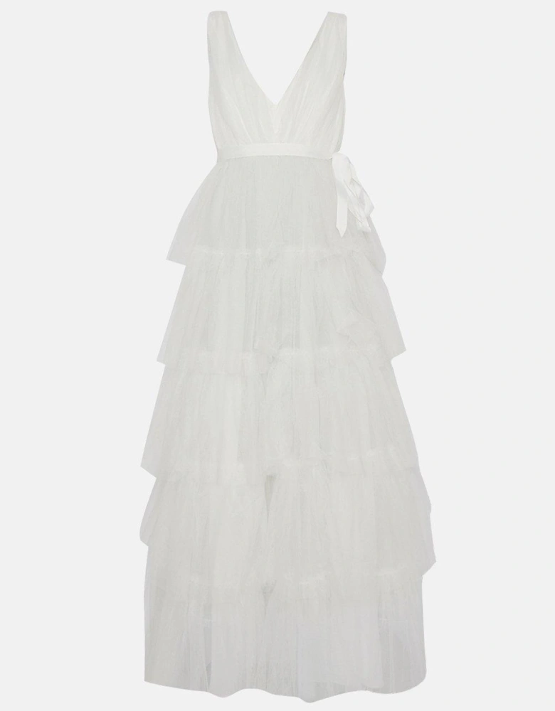 V Neck Tiered Tie Waist Tulle Dress