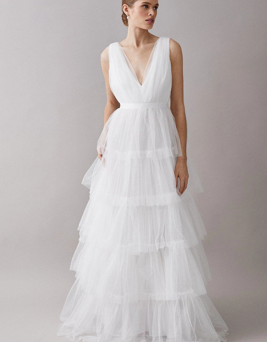 V Neck Tiered Tie Waist Tulle Dress, 6 of 5