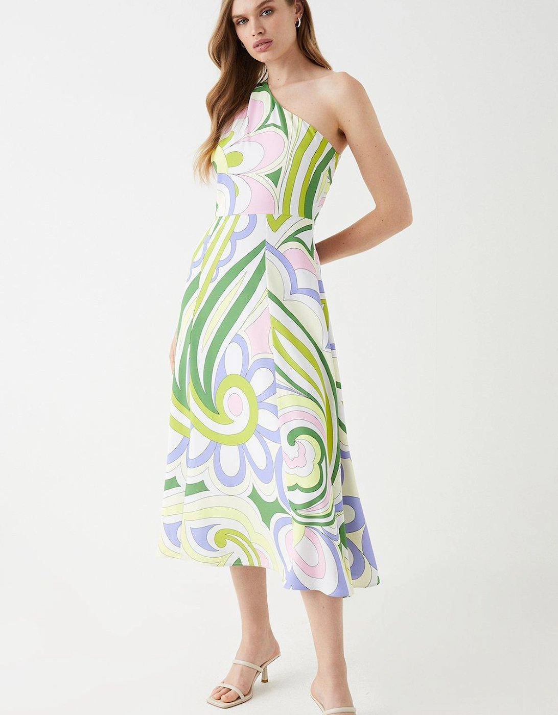 One Shoulder Printed Drape Front Flowing Skirt Midi Dress, 5 of 4
