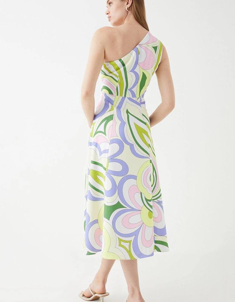 One Shoulder Printed Drape Front Flowing Skirt Midi Dress