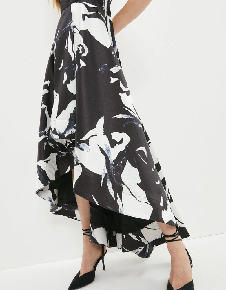High Low Structured Twill Printed Midi Dress