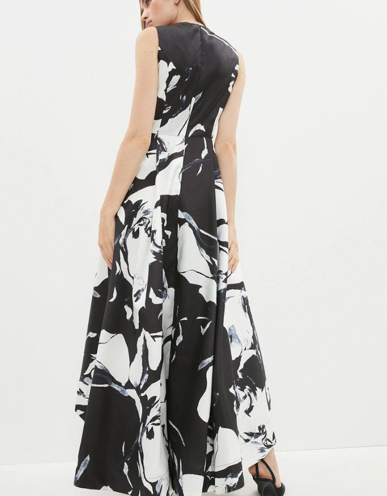 High Low Structured Twill Printed Midi Dress