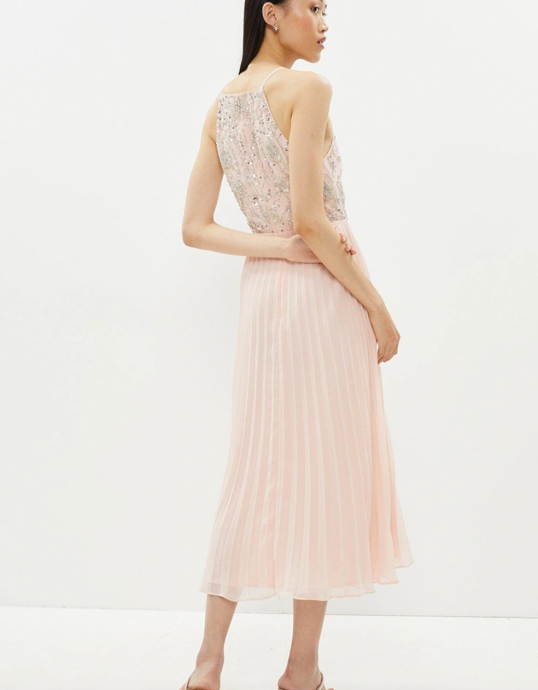Floral Embellished Pleated Skirt Midi Dress