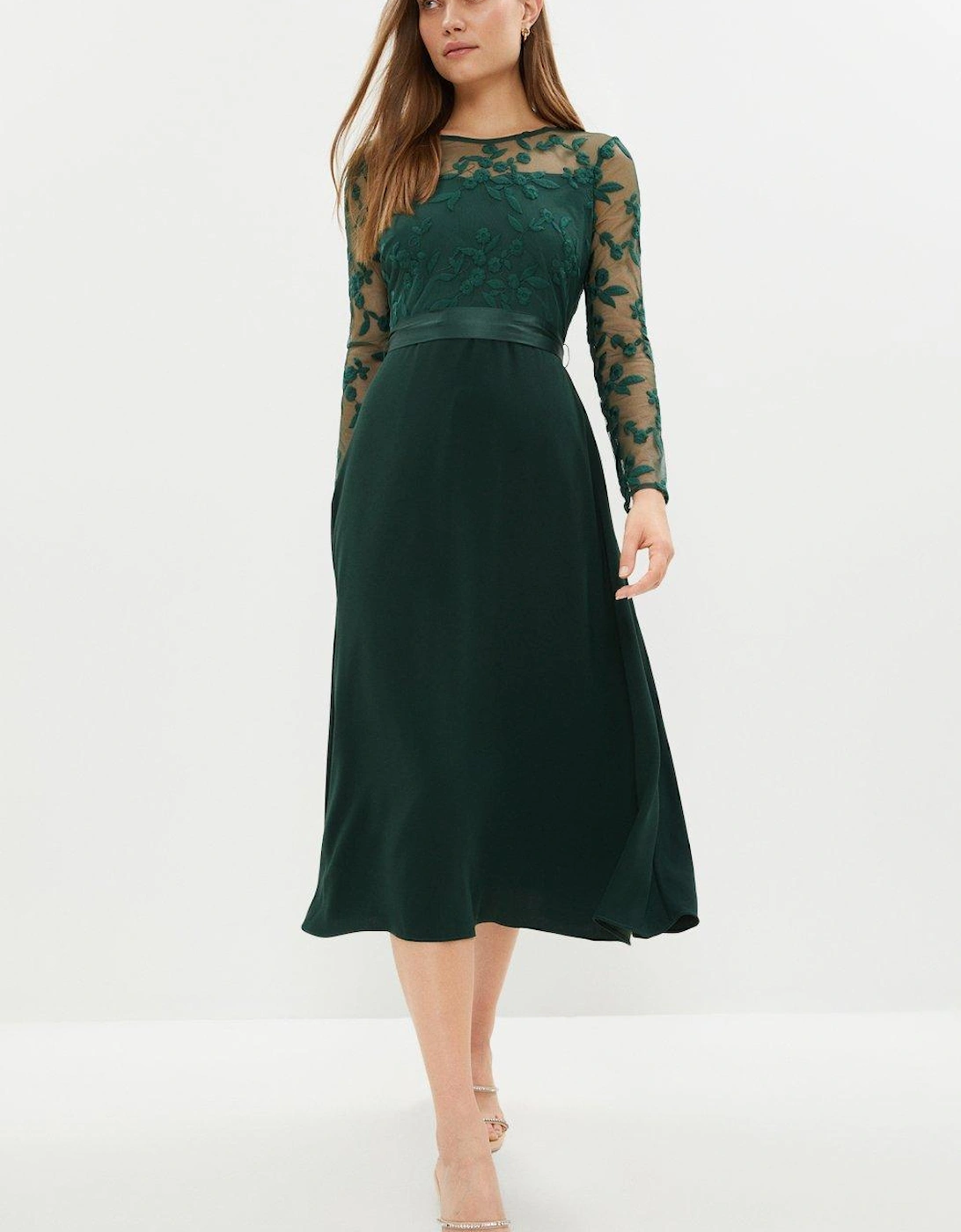Embroidered Long Sleeve Crepe Circle Skirt Dress, 5 of 4