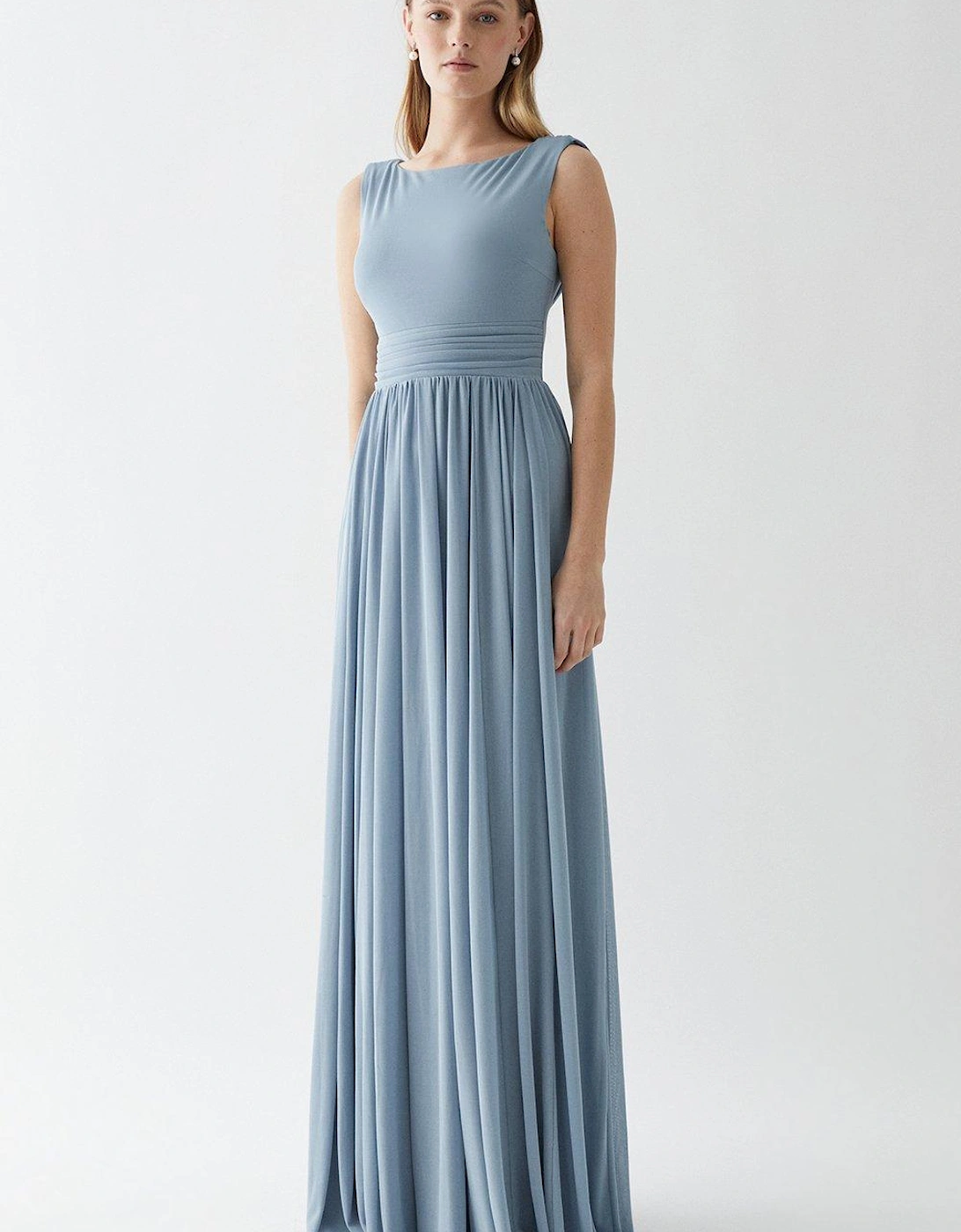 Cowl Back Stretch Mesh Full Skirted Bridesmaids Maxi Dress, 4 of 3