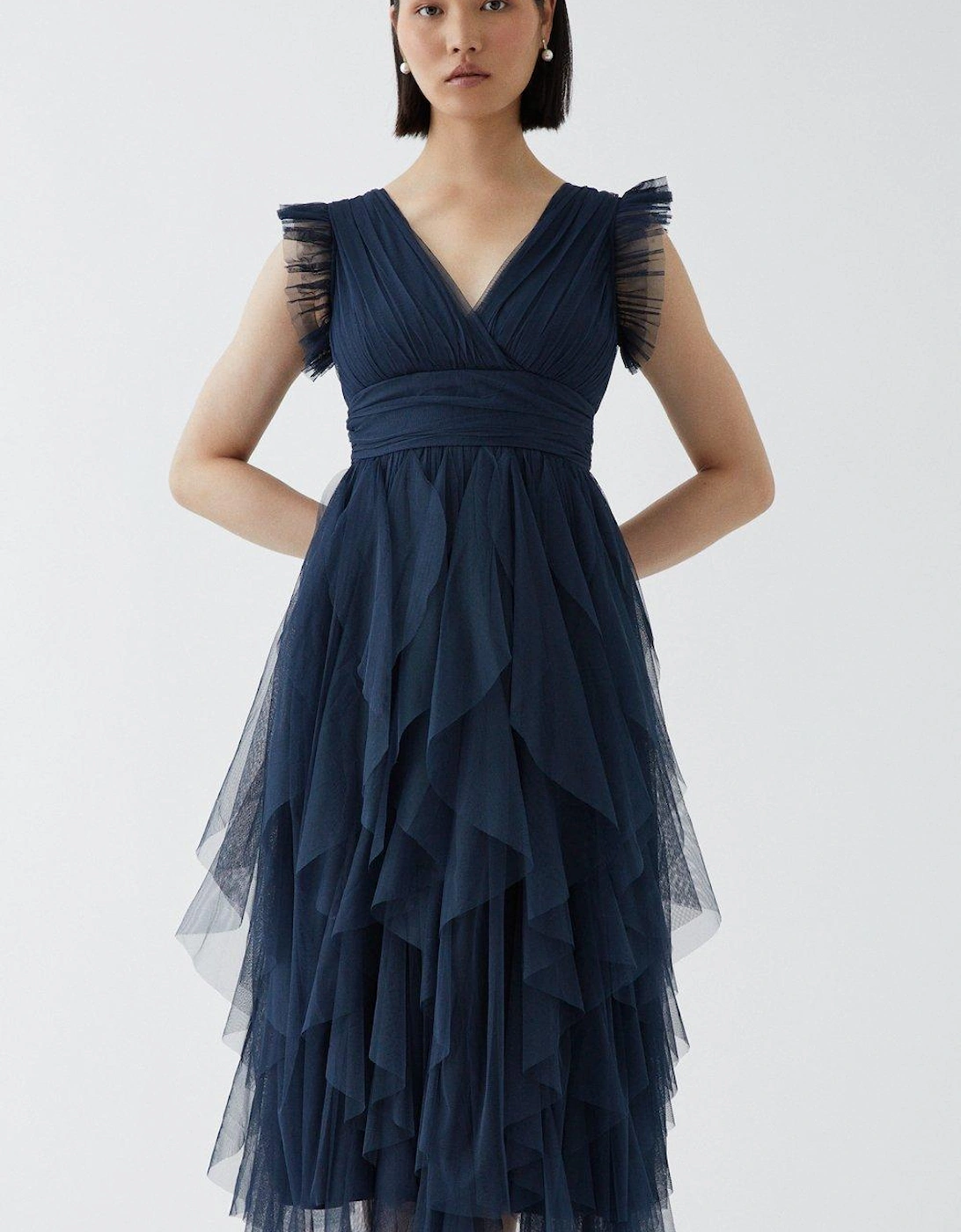 Petite Ruffled Skirt Mesh Bridesmaids Midi Dress