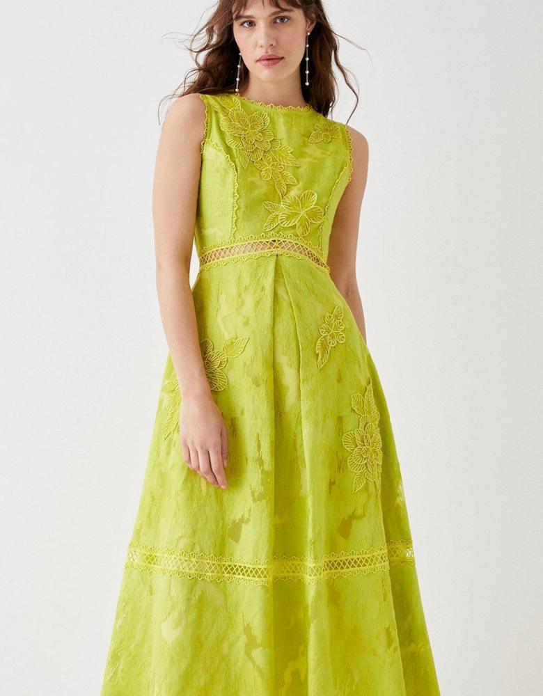 Premium Jacquard Midi Dress With Floral Applique