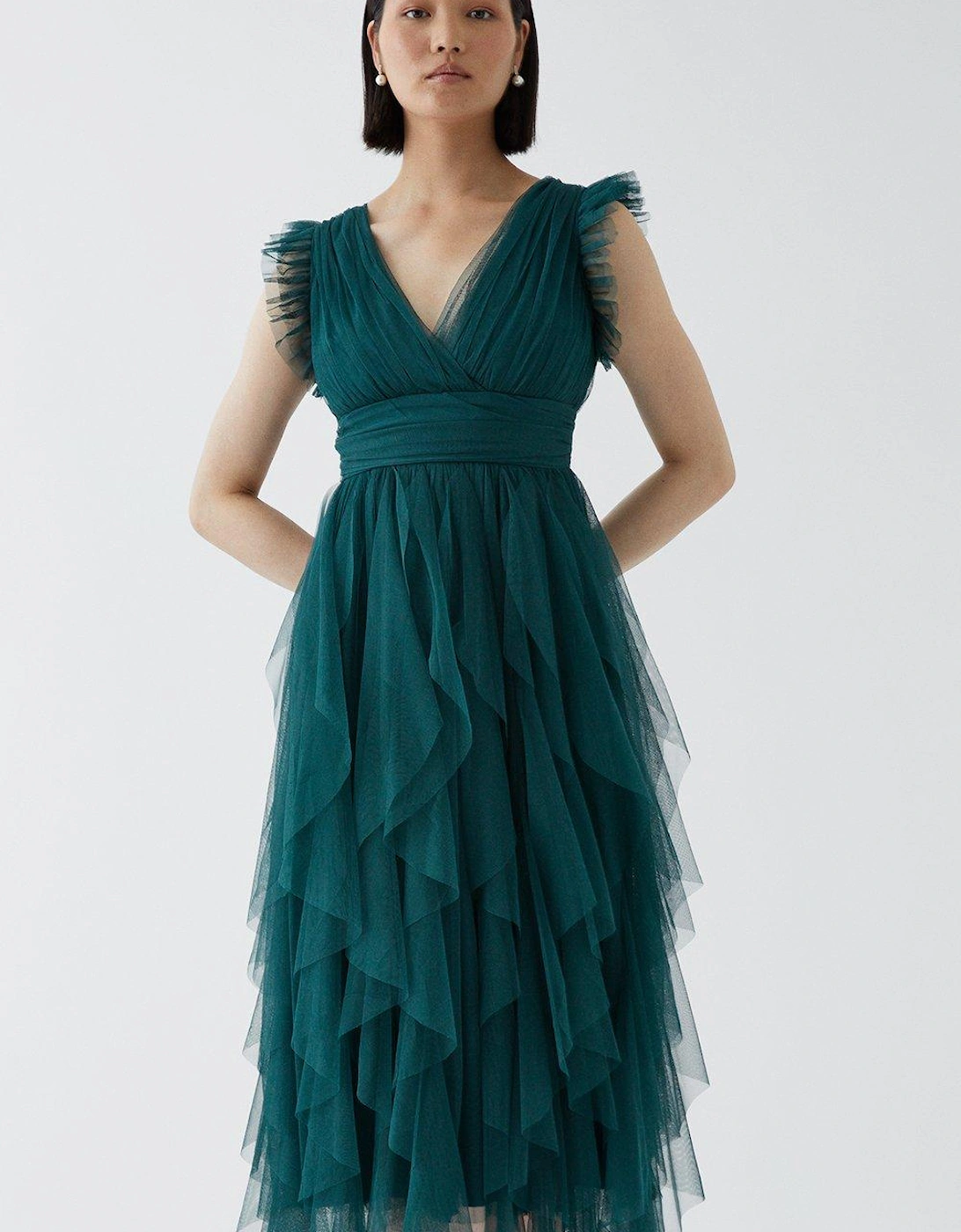 Petite Ruffled Skirt Mesh Bridesmaids Midi Dress, 5 of 4