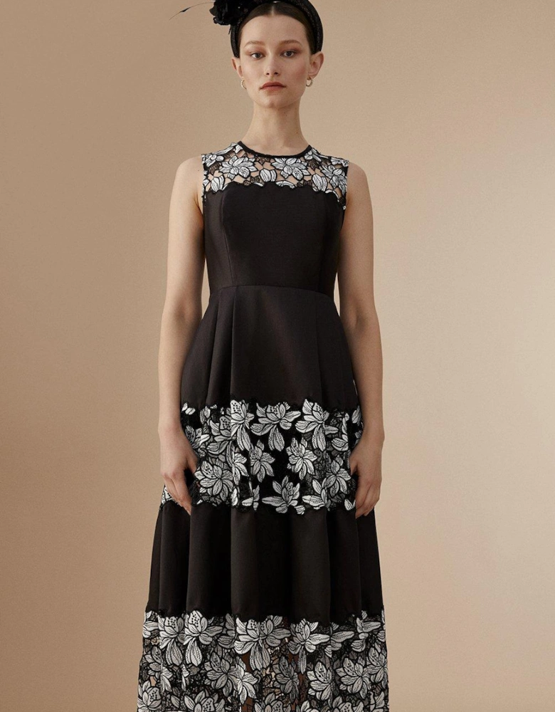 Lisa Tan Corded Lace Panelled Full Skirt Midi Dress