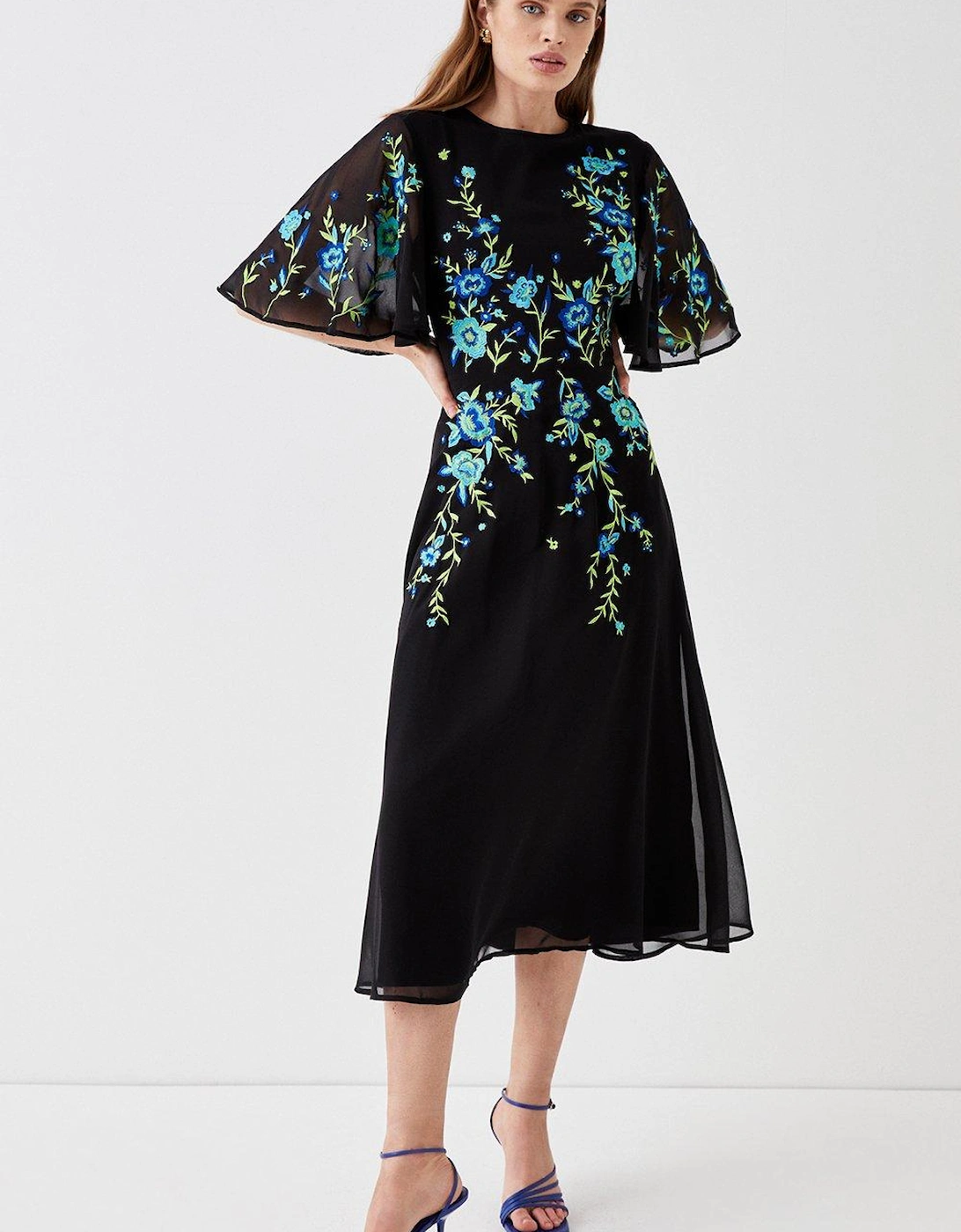 Trailing Floral Embroidered Angel Sleeve Midi Dress, 5 of 4