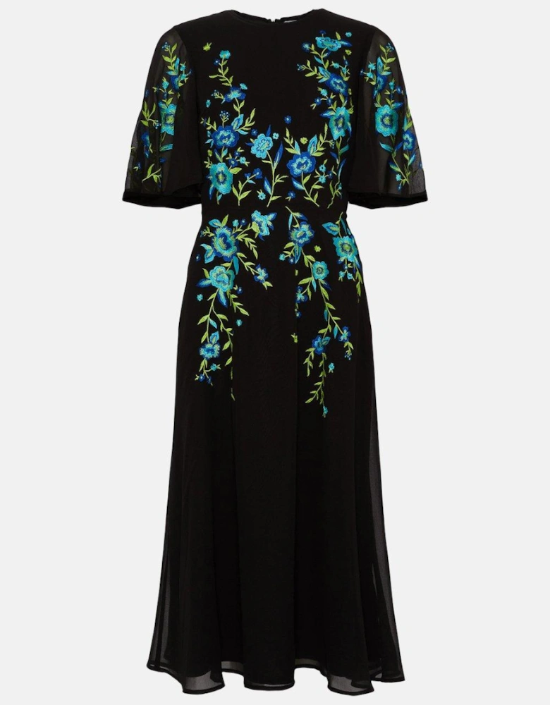 Trailing Floral Embroidered Angel Sleeve Midi Dress