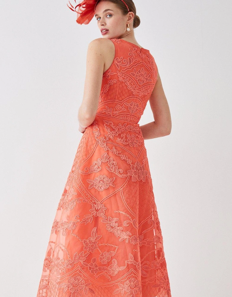Premium Embroidered Organza Full Skirt Midi Dress