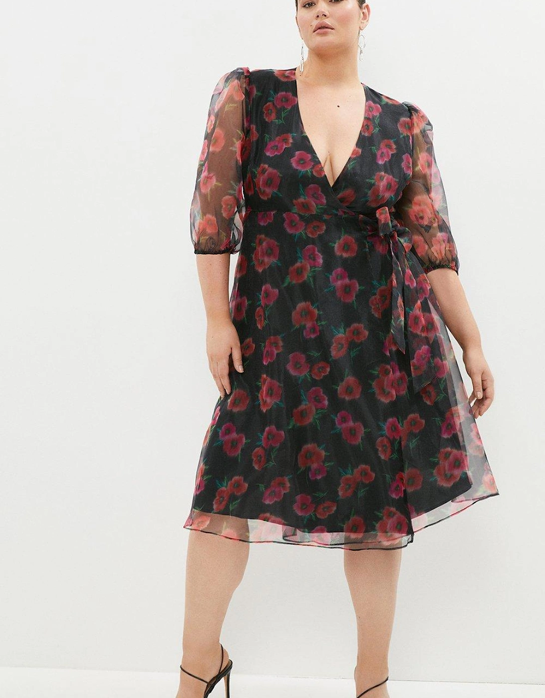 Plus Size Printed Shimmer Organza Wrap Dress, 5 of 4