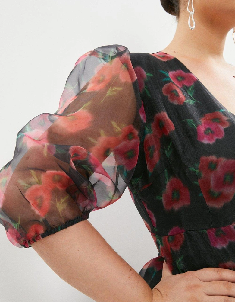Plus Size Printed Shimmer Organza Wrap Dress