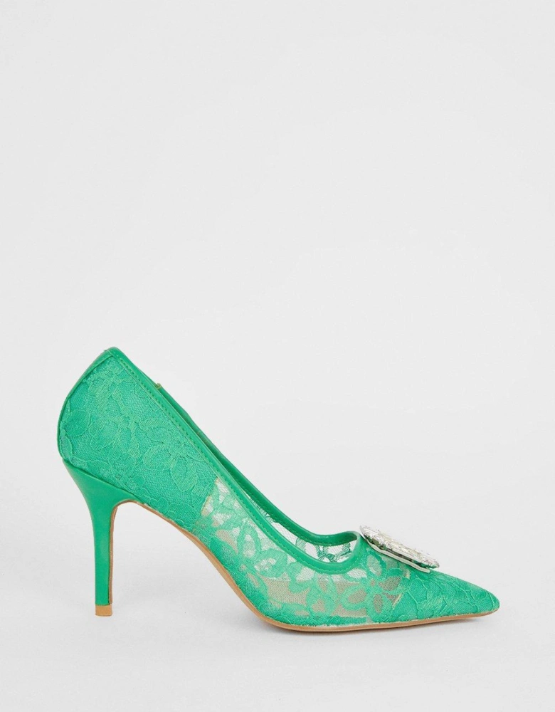 Jewelled Brooch Detail Lace Heeled Court Shoe
