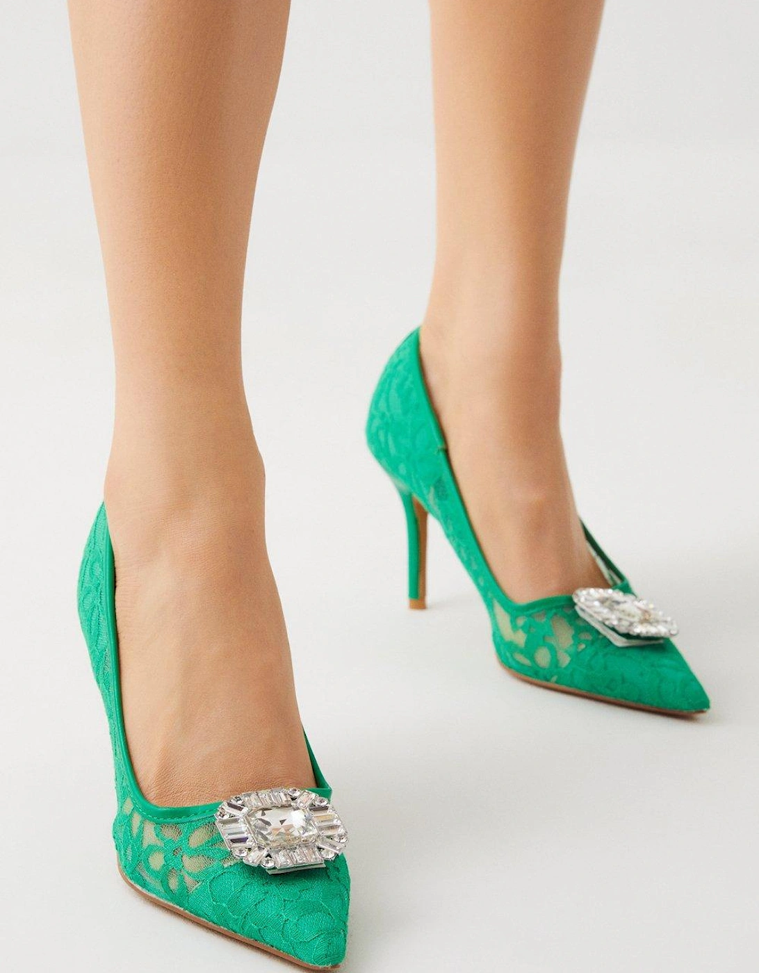 Jewelled Brooch Detail Lace Heeled Court Shoe, 5 of 4