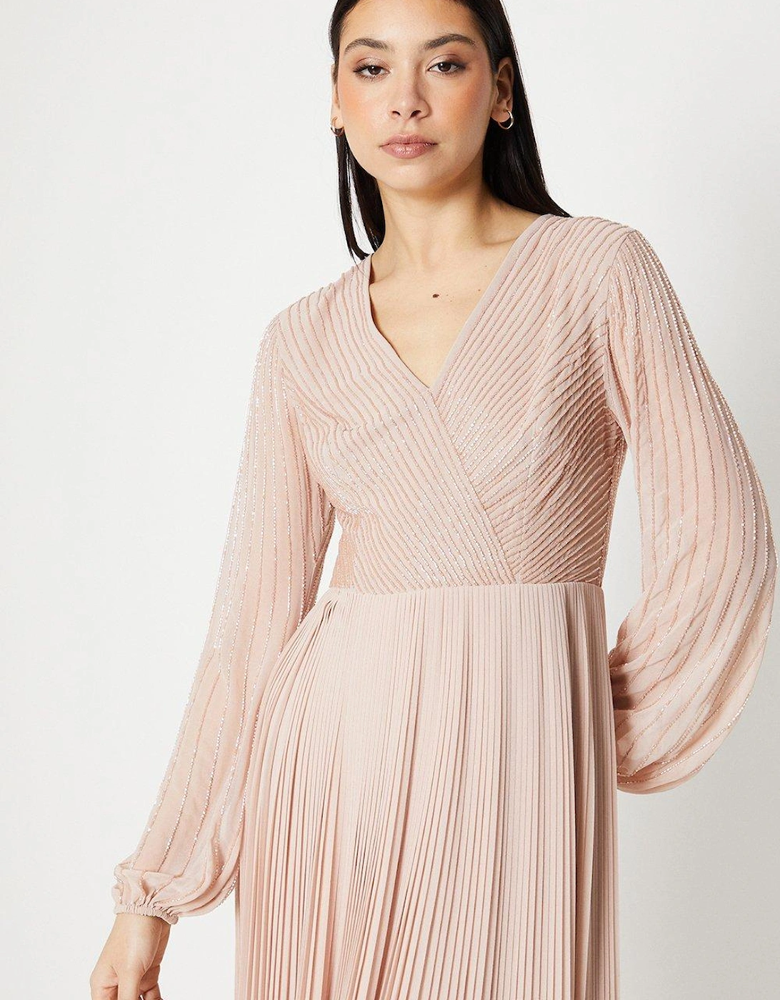 Embellished Wrap Bodice Midi Dress With Pleated Skirt