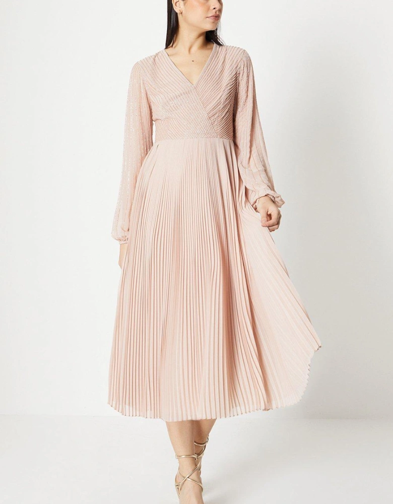Embellished Wrap Bodice Midi Dress With Pleated Skirt