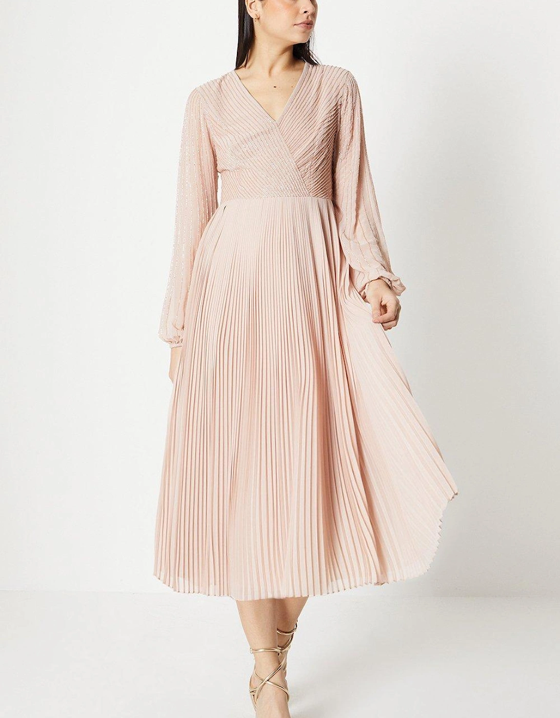 Embellished Wrap Bodice Midi Dress With Pleated Skirt, 6 of 5