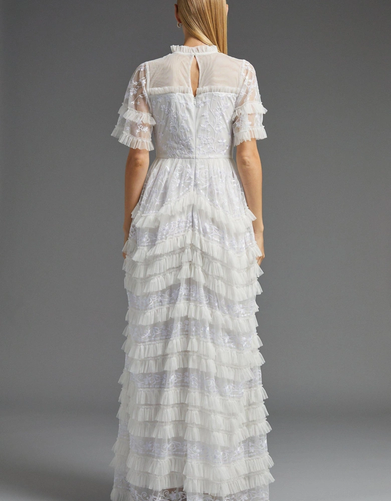 Embroidered Mesh All Over Frill Bridal Dress