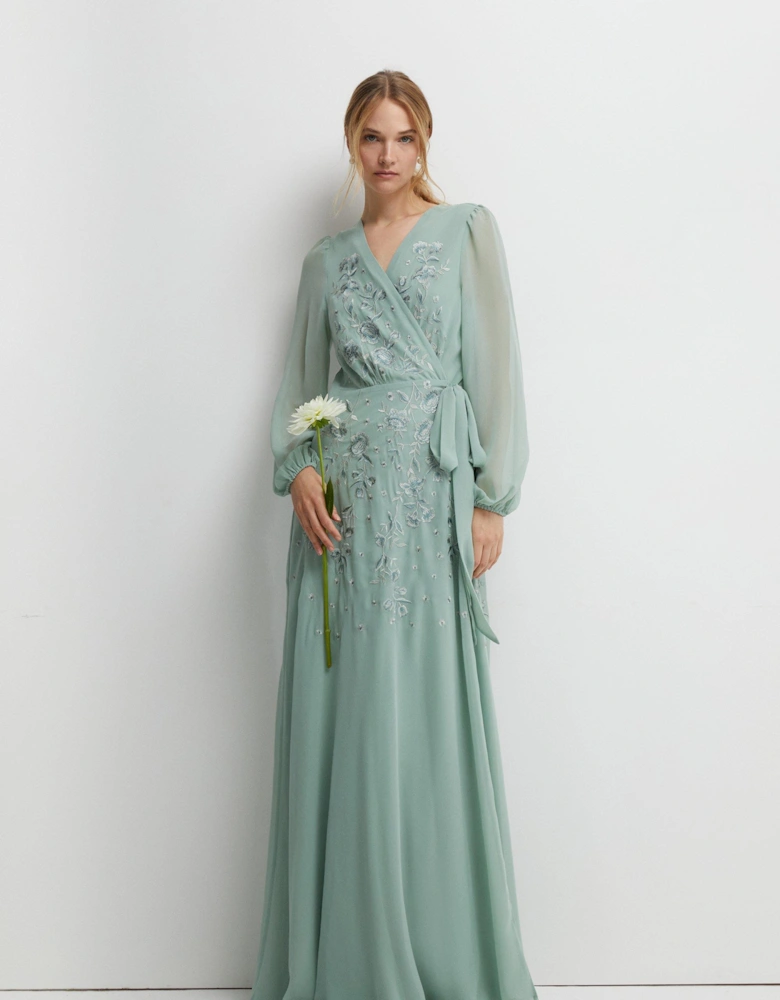 Long Sleeve Embroidered Wrap Bridesmaids Dress