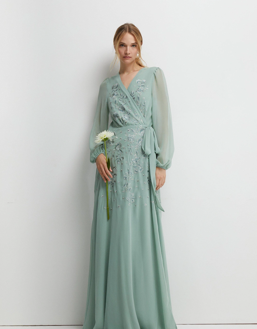 Long Sleeve Embroidered Wrap Bridesmaids Dress, 5 of 4
