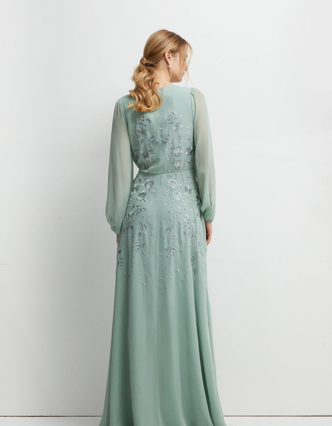 Long Sleeve Embroidered Wrap Bridesmaids Dress