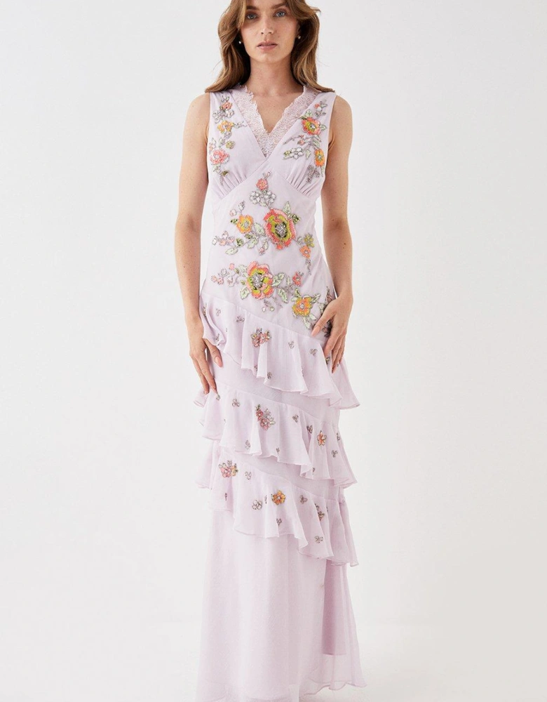 Embellished Lace V Neck Frill Maxi Dress