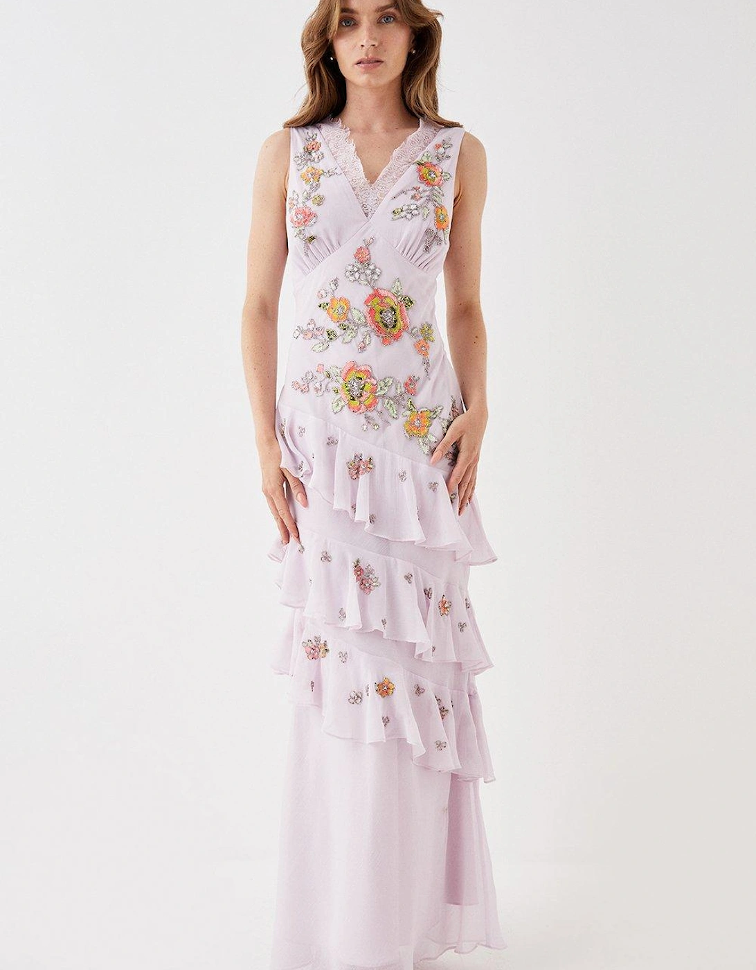Embellished Lace V Neck Frill Maxi Dress, 5 of 4