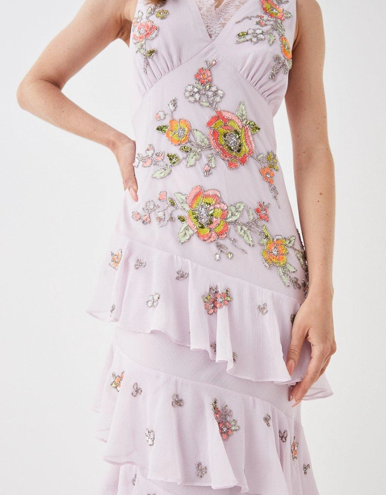 Embellished Lace V Neck Frill Maxi Dress