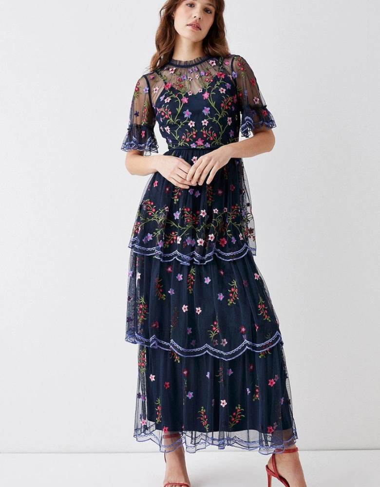 Embroidered Mesh Scallop Tiered Maxi Dress