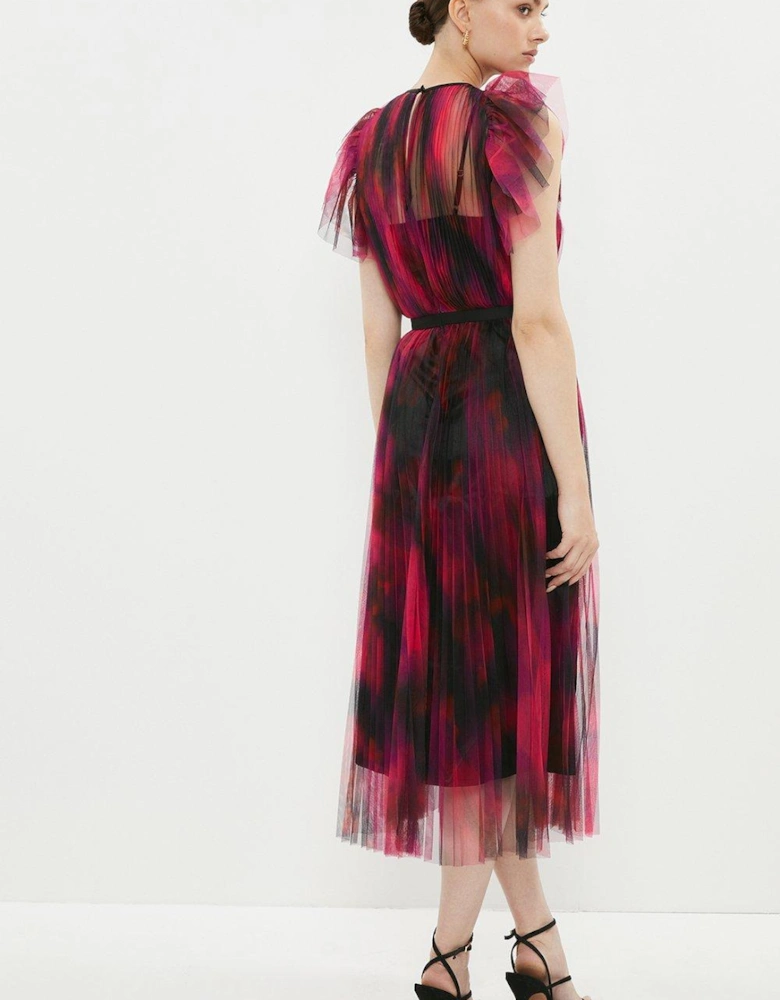 Mesh Printed Dress With Pleated Skirt