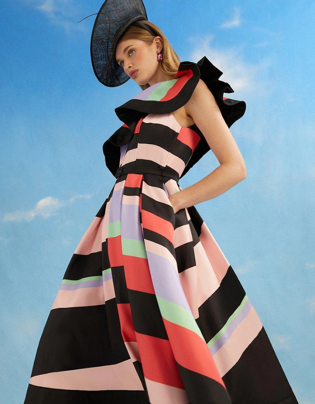 Lisa Tan Geo Stripe Ruffle Shoulder Midi Dress, 6 of 5