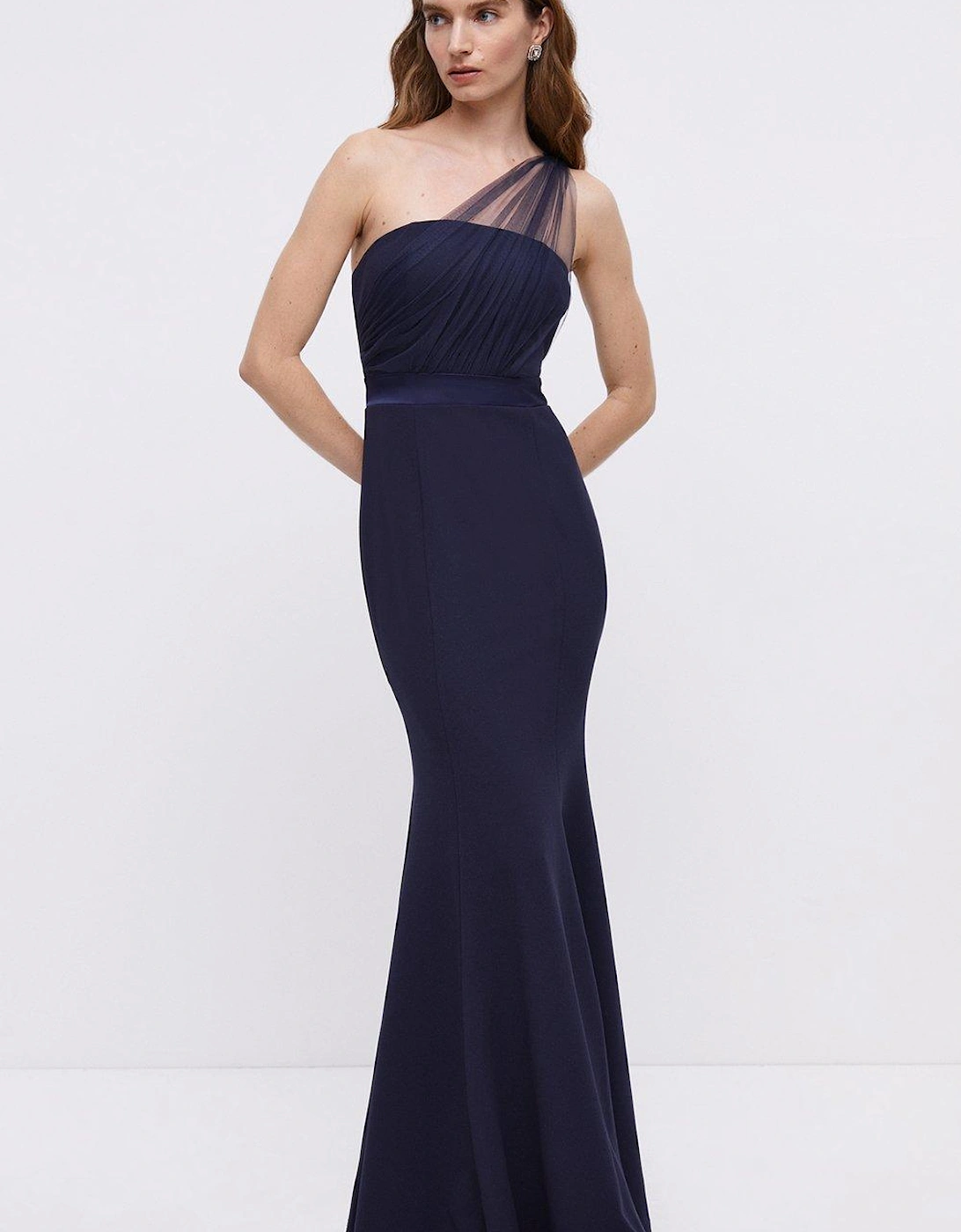 Mesh One Shoulder Sculpting Crepe Bridesmaid Maxi Dress, 6 of 5